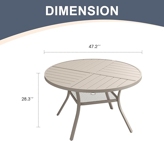 VICLLAX Round Patio Dining Table, 4-6 Person Metal Outdoor Dining Table with Umbrella Hole and Storage Shelf for Garden Lawn Deck, 47.2" Sandshell