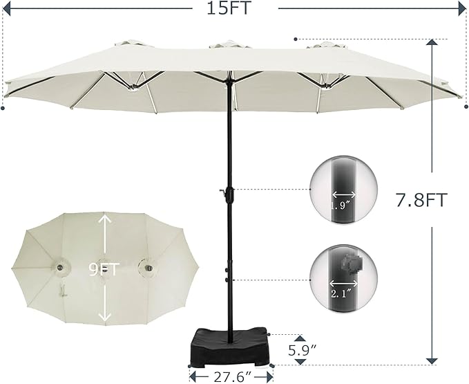 GREEN PARTY 15 ft Rectangle Patio Umbrella with Base Included, Double-Sided Table Umbrella with Crank, Large Outdoor Umbrellas for Patio Poolside Garden Backyard, Ivory