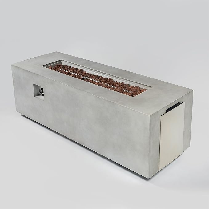 70 Inch Propane Fire Pit Table, Concrete Firepits for Outside, Rectangular Gas Fire Pit for Outside Patio, Backyard, Pool, 60,000 BTU, Free Lava Rocks, Light Gray