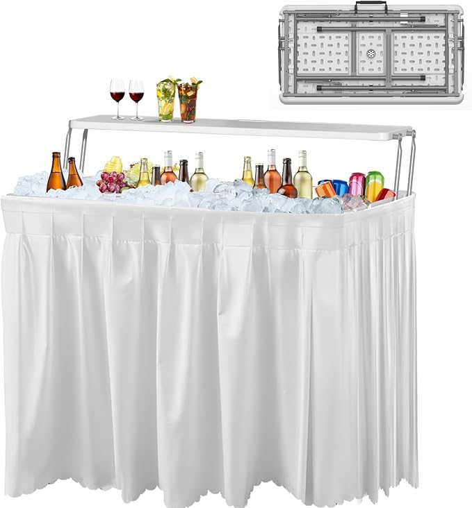 IWDOO 2 Tiers 4 Foot Ice Cooler Table, Folding Tailgate Camp Fishing Cleaning with Matching Skirt & Drain Hose, Plastic Ice Table for Party, BBQ, Camping, Picnic, Barbecues to Keep Drinks Cool, White