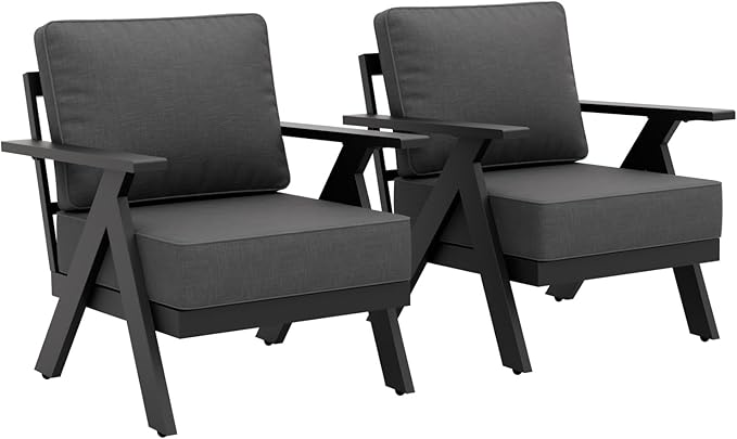 Urban Anvil 2 Pieces Patio Furniture Outdoor Metal Armchairs, All-Weather Patio Accent Chairs with Cushions for Balcony, Porch, Deck, Black/Gray