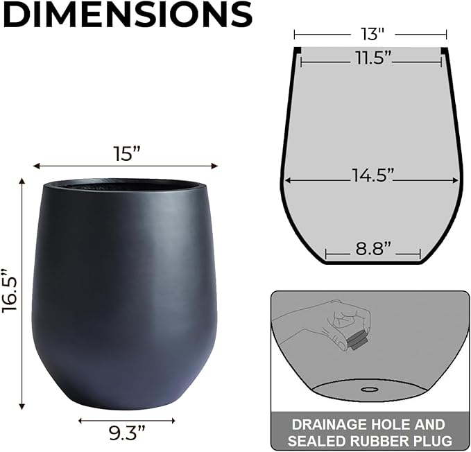 16.5" H x 15" D Corso Fiberstone Round Tapered Planter - Christmas Tree Planter, Smooth Finishes, Weather Resistant for Indoor & Outdoor Use, 2 Extra Coco Mats (Black, 11.5" Pot Opening)