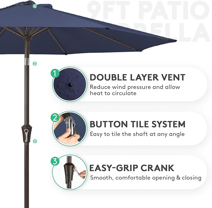 JEAREY 9FT Outdoor Patio Umbrella Outdoor Table Umbrella with Push Button Tilt and Crank, Market Umbrella 8 Sturdy Ribs UV Protection Waterproof for Garden, Deck, Backyard, Pool (Purplish Blue)