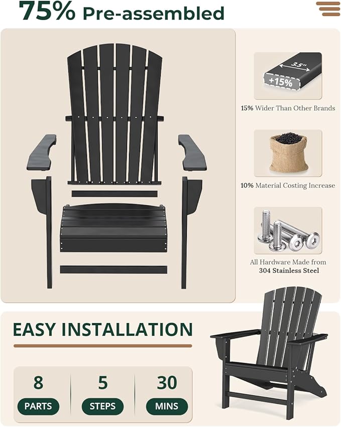 BRIOPAWS Adirondack-Chairs-Set of 2 | Fire Pit Chair | Oversized | HDPE Plastic | Weather Resistant | for Deck Outdoor Poolside Campfire | Black