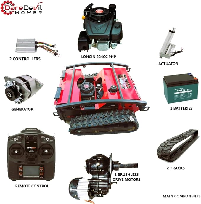 Remote Control Lawn Mower | 55-Degree Slope Climb | 24 Inch Cut | 6L Gas Tank | Brushless Drive Motor | 9hp Gas Engine | Snowplow (Optional)