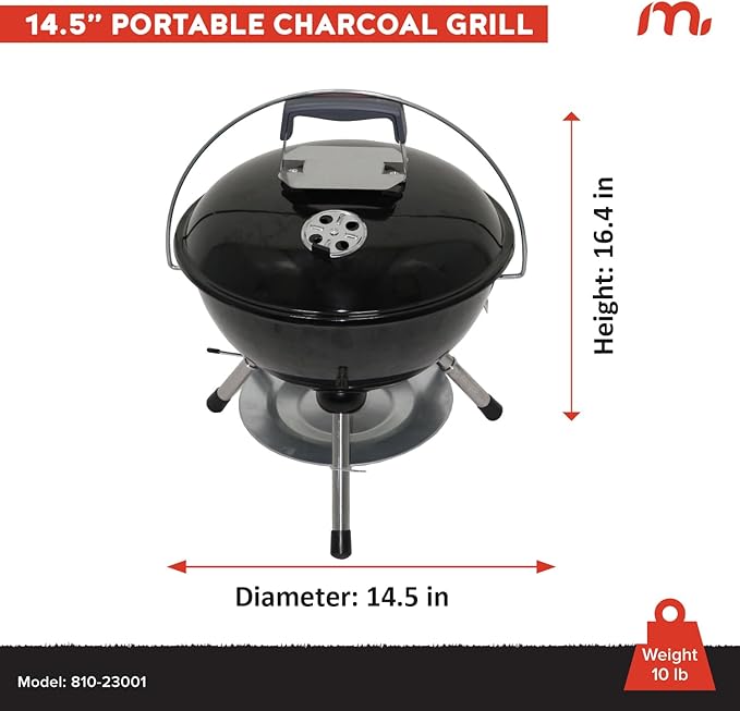 Megamaster 14.5" Portable Charcoal Barbecue Grill with Adjustable Air Vent, 141 SQ. In Cooking Area, Table Top Grill for Camping, Outdoor Cooking, Patios, and More - 810-23001