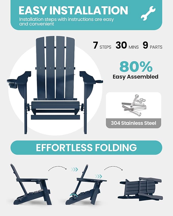 Folding Adirondack Chair 6 Pack, HDPE All-Weather Fire Pit Chairs, Plastic Adirondack Chairs with 2 Cup Holder, Outdoor Lawn Chair for Patio Garden (Navy Blue)