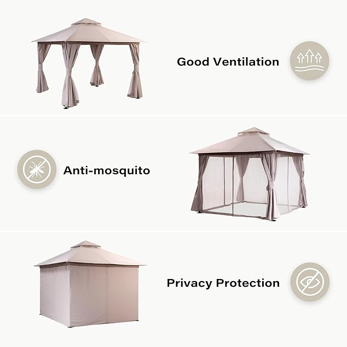 LAUSAINT HOME Gazebo 10x10ft, Heavy Duty Patio Gazebo with Expansion Bolts, Party Canopy Tent with Double Roofs, Mosquito Nettings and Privacy Screens for Backyard, Garden, Lawn, Khaki