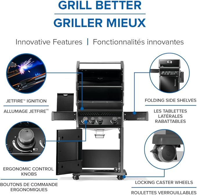 Napoleon Rogue 425 Propane Gas Grill with Range Side Burner, Black, 3 Stainless Steel Main Burners, Durable Grilling Power