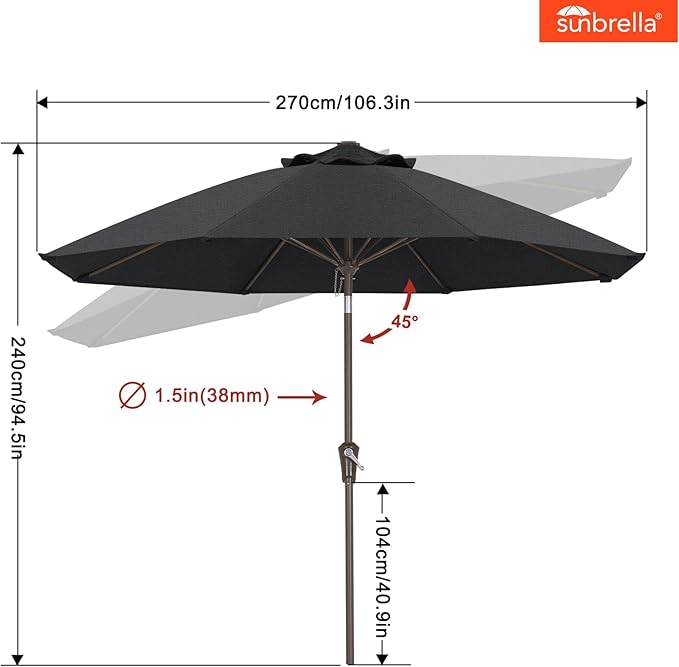 ABCCANOPY 10-Year No Fading 9FT Patio Umbrella, Acrylic Outdoor Table Umbrella with 8 Sturdy Ribs for Deck, Backyard, Garden, Yard (Black)