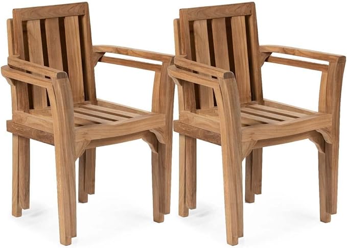 TITAN GREAT OUTDOORS Ash & Ember Sage Grade A Teak Classic Stacking Armchairs, Weather Resistant Premium Solid Wood Patio Lounge Chair with Intricate Back Support (4 Pack)