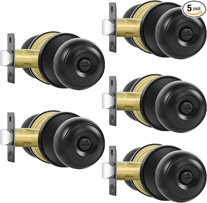 RAZCC Privacy Door Knobs, 5 Pack Matte Black Door Knobs with Lock, Bed and Bath Door Knob Interior Keyless Locksets, Round Door Handles Reversible for Left Right Handed Doors