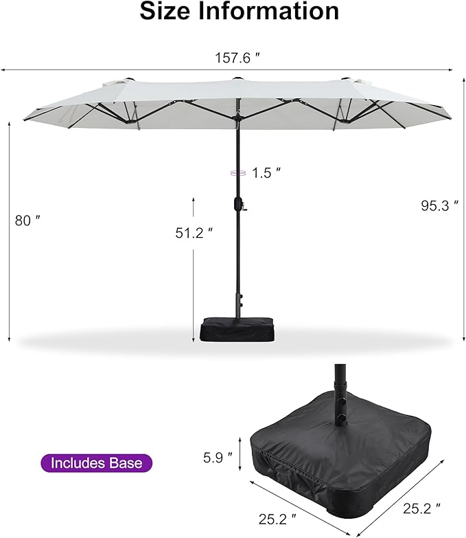 PURPLE LEAF 13ft Patio Market Umbrella with Base Double-Sided Rectangle Outdoor Table Sun Umbrellas with Crank 12 Heavy Duty Sturdy Ribs for Pool Beach Deck Backyard Cream