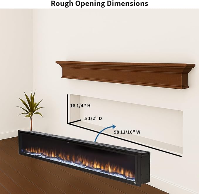 Touchstone Sideline Elite Smart 100” WiFi-Enabled Electric Fireplace - 80044 - in-Wall Recessed - 60 Color Combinations - 1,500W Heater - Black - Log, Crystals & Driftwood