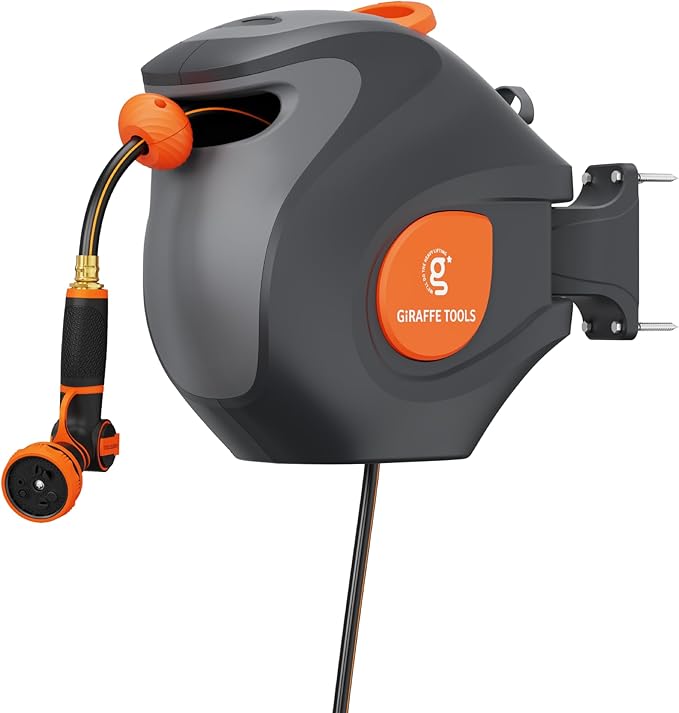 Giraffe Tools BW30 Retractable Garden Hose Reel 100ft x 1/2”, Wall-Mounted Automatic Water Hose Reel with 9 Pattern Nozzles for Outside Use