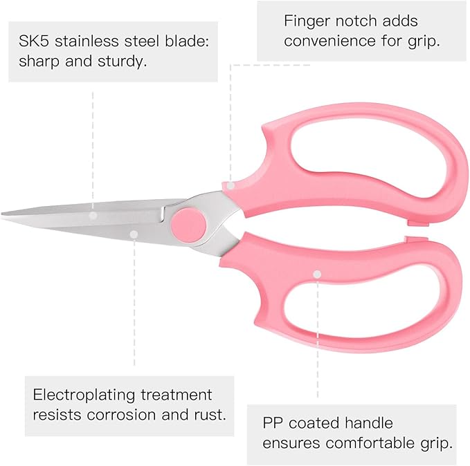 Housolution Flower Scissors, Strong Floral Shears, Premium Steel Pointed Garden Pruning Shears Floral Fruits Leaf Scissors Hand Pruner Snip Trimming Tool for Gardening Flower Arrangement, Pink