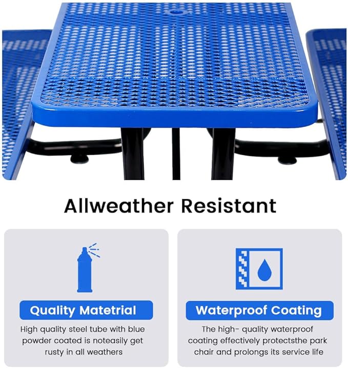 KUFUH 72" Rectangular Metal Picnic Table for 4-8 Person, Durable Heavy Duty Commercial Picnic Table with Umbrella Hole for Outdoor Coffee Shop, School, Hospital, Easy to Install, Blue
