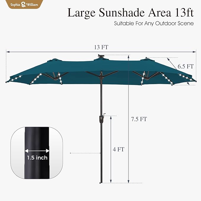 Sophia & William 13ft Outdoor Patio Umbrella with Solar Lights, Large Double-sided Umbrella with LED Lights, Perfect for Garden, Deck, Pool, Cyan Blue