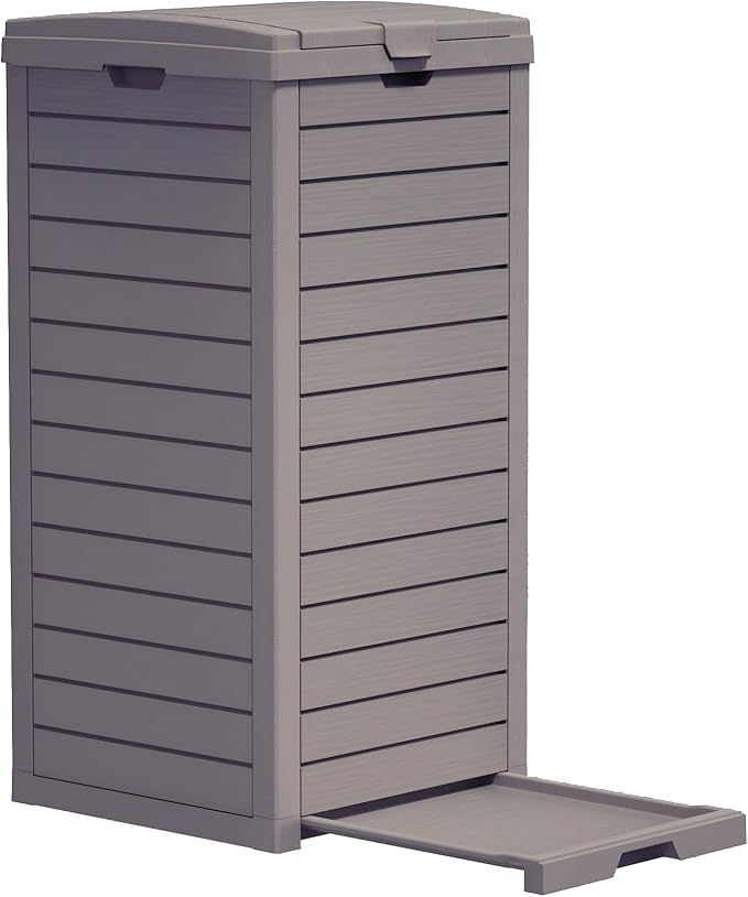 31 Gallon Resin Trash Can Cabinet with Lid & Drip Tray - Waterproof Outdoor Garbage Bin for Patio, Kitchen, Yard, and Entertaining Areas - Easy Assembly, No Tools Required