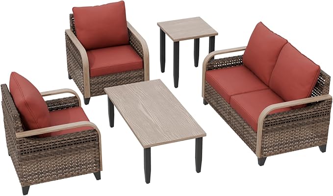 EAGLE PEAK Modern Wicker Outdoor Patio Furniture Set, Patio Conversation Set, 2 Chairs, 2-Seat Loveseat, Coffee Table and Side Table, 5 Pieces, Brown/Red