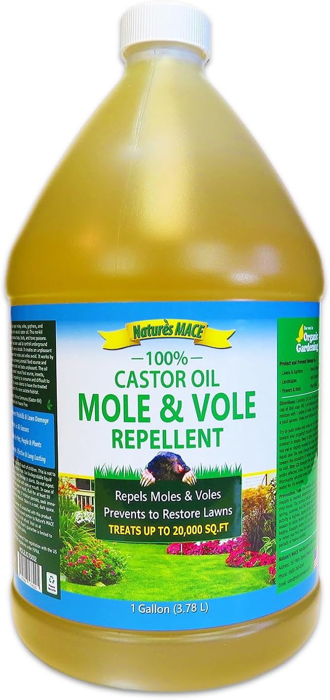Nature's MACE Mole and Vole Mace, Mole Deterrent for Yard, 1 Gallon, 100% Pure Castor Oil, Lawns, Mole Repellent, Stop Tunneling, Mole Remover Treatment, Castor Oil Repellent, People, Pet, Plant Safe