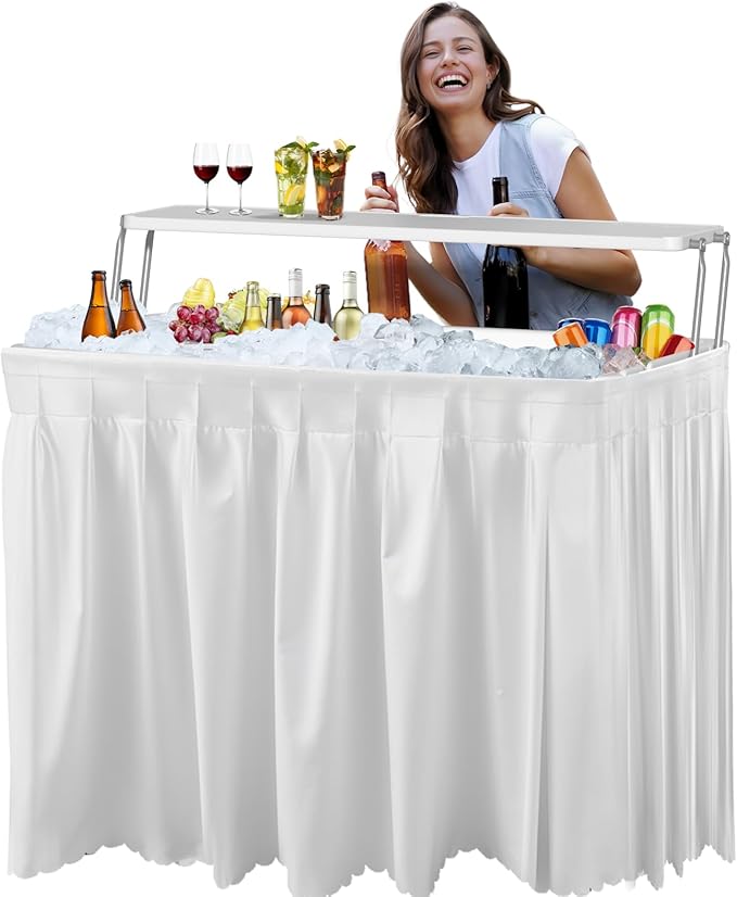 IWDOO Ice Cooler Table with Drain, Two-Tier Plastic Folding Tables, with Removable Matching Skirt and Shelf, Indoor Outdoor Use for Party Camping Picnic Fishing Cleaning, 440 lbs Capacity