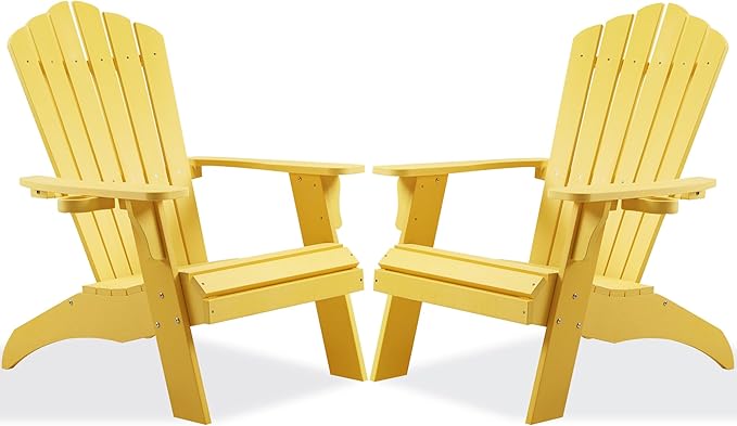 Psilvam Adirondack Chair, Oversized Poly Lumber Fire Pit Chair with Cup Holder, 350Lbs Support Patio Chairs for Garden, Weather Resistant Adirondack Chair Looks Like Real Wood (2, Yellow)