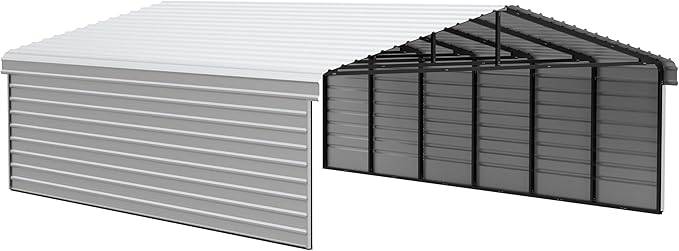 Arrow Carports Galvanized Steel Carport, with 2-Sided Enclosure, Compact Car Metal Carport Kit, 20' x 29' x 7', Eggshell
