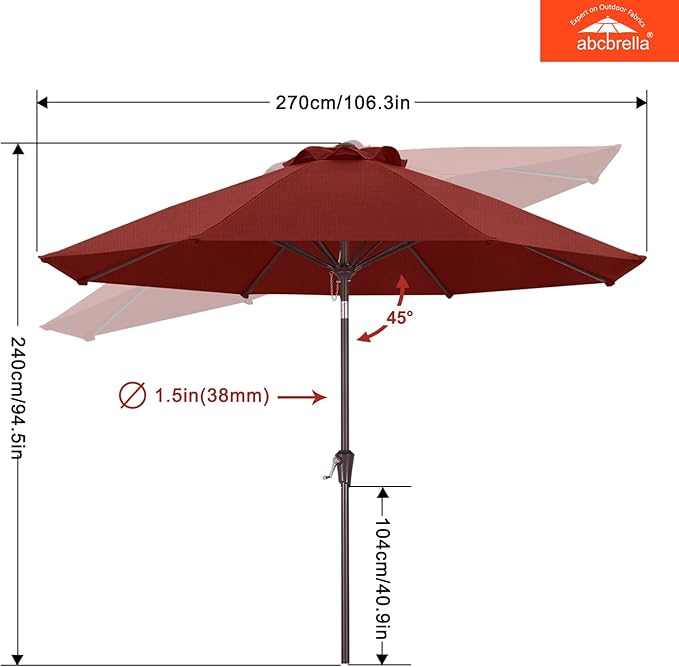 ABCCANOPY OLEFIN® 5-Year No Fading 9FT Patio Umbrella, Outdoor Table Umbrella with 8 Sturdy Ribs for Deck, Backyard, Yard (Red)