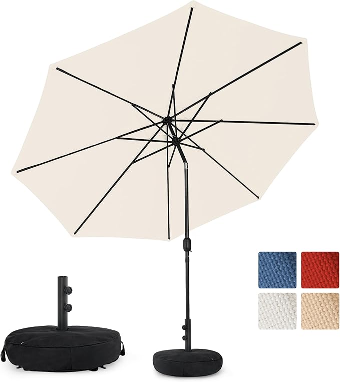 Sundale Outdoor Olefin 5-Year-Non-Fading Patio Umbrella with Sand Bag Umbrella Base, Outdoor Umbrella with Tilt and Crank