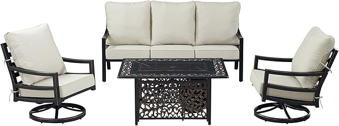 Oakland Living Black Aluminum Patio Fire Table Set with Deep Seating Sofa with Cushions and Two Club Chairs with Light Grey Cushions