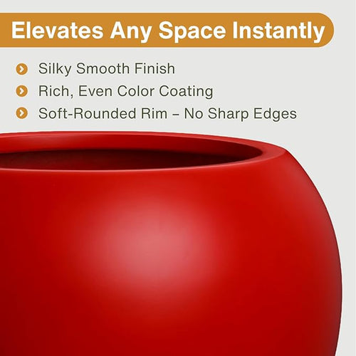 16" H x 20" D Globo Fiberstone Round Planter - Christmas Tree Planter, Smooth Finish, Weather Resistant for Indoor & Outdoor Use, Included 2 Extra Coco Mats (Red, 13.5" Pot Opening)