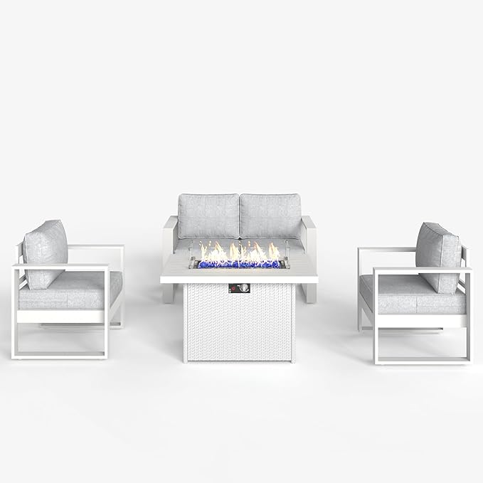 LayinSun 4 Pieces Aluminum Outdoor Patio Furniture Set, Metal Modern Conversation Sofa Set with Fire Pit Table and Washable Thick Cushions for Porch, Backyard, Deck