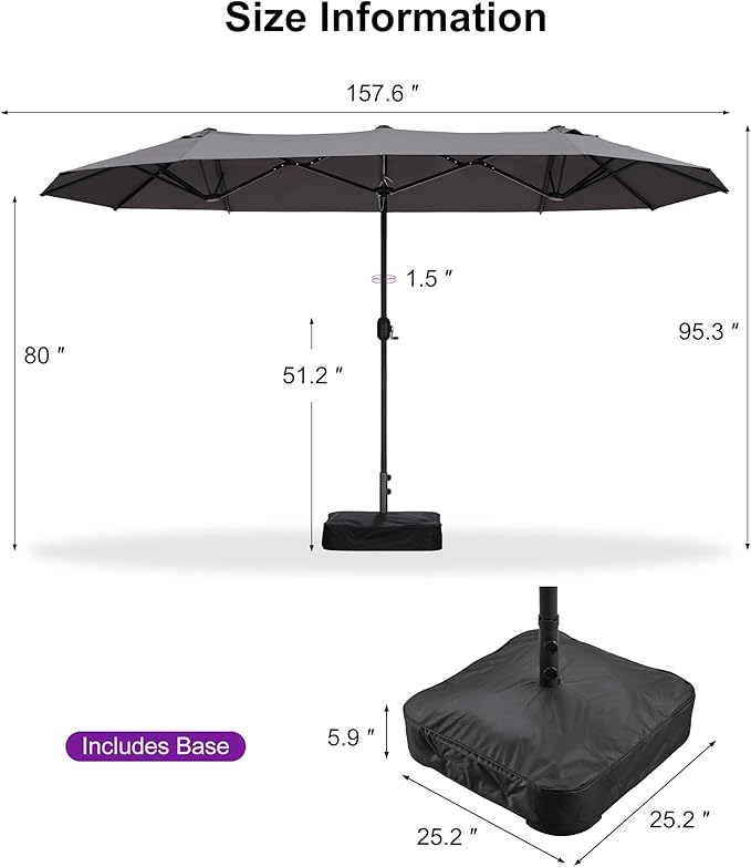 PURPLE LEAF 13ft Patio Market Umbrella with Base Double-Sided Rectangle Outdoor Table Sun Umbrellas with Crank 12 Heavy Duty Sturdy Ribs for Pool Beach Deck Backyard Gray