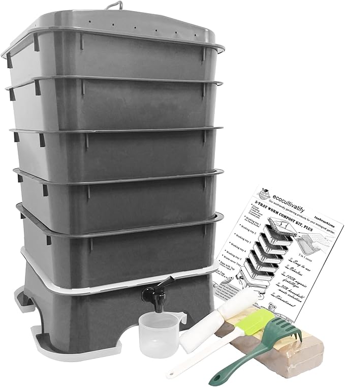 5-Tray Worm Compost Bin, Worm Composter for Outdoor & Indoor, 5-Tray ecocultivatify Wormie's Home Plus, Worm Bin Set for Recycling Household Waste (Black)