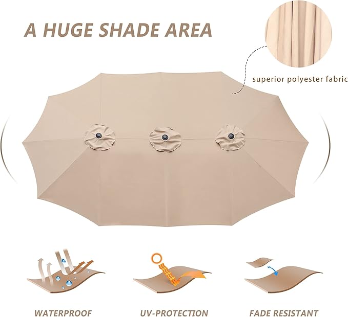 Bigroof 15ft x 9ft Patio Double-Sided Umbrella with Base & Crank, Extra Large Rectangular Outdoor Umbrella for Patio, Lawn & Garden, Beige