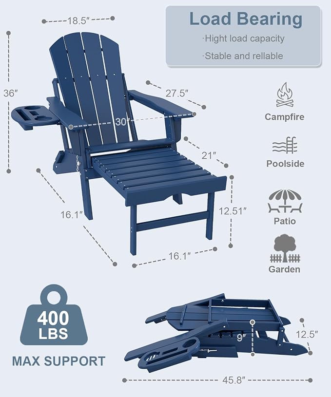 Adjustable Adirondack Chair with Retractable Ottoman Set of 4, HDPE Folding Adirondack Chair with Cup Holder, All Weather Fire Pit Chair for Outdoor.
