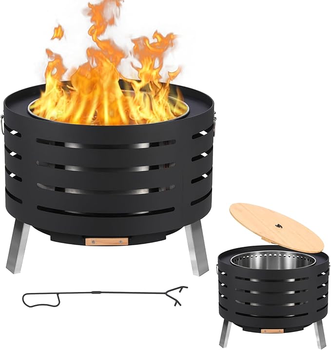 26'' Smokeless Fire Pit Stove Bonfire, Outside Stainless Steel Fire Pit Wood Burning with Ash Pan & Lid, Fire Poker and Dust Bag, Large Firepits Table for BBQ/Bonfire/Camping