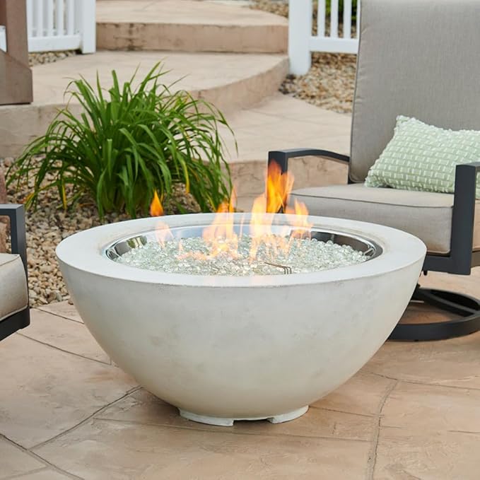 Outdoor GreatRoom Co Propane Fire Pit Table - Cove Gas Fire Pits for Outside Patio - 42 Inch Round Edge Bowl Concrete Firepit Fire Table, Glass Tabletop Cover, Clear Glass Gems, 105,000 BTU - White