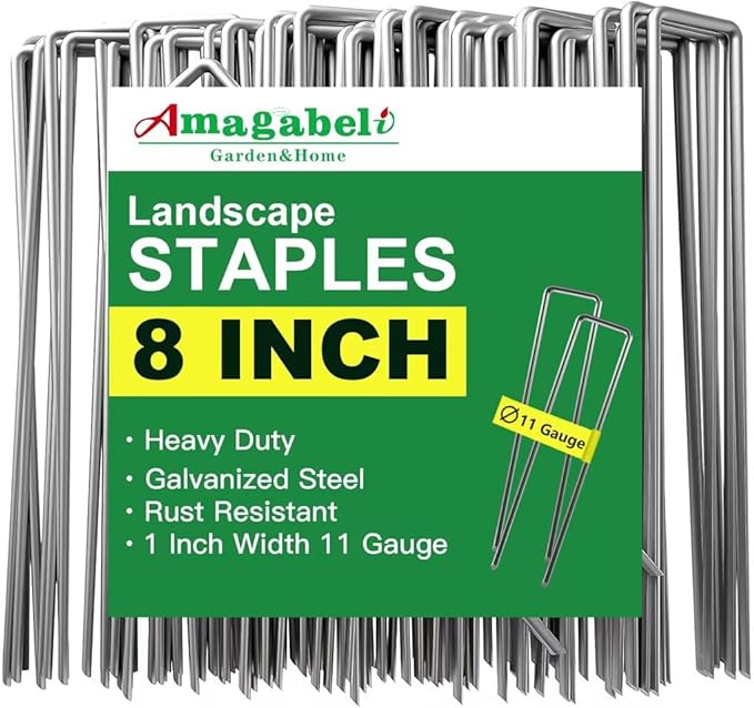 AMAGABELI GARDEN & HOME 200 Pack Galvanized Landscape Staples 8 Inch 11 Gauge Garden Staples Garden Stakes Plant Cover Stakes U-Shaped Landscape Stakes Landscape Pins for Weed Barrier Fabric
