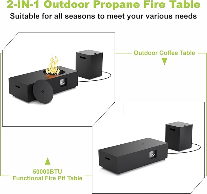 Dineli 2-Piece Outdoor Propane Fire Pit Table Set w Tank Table 48'' Rectangular Firepit Gas Fire Pits for Outside Patio Fire Table Tabletop Fire Pits w CSA Certified, 50,000 BTU, Black