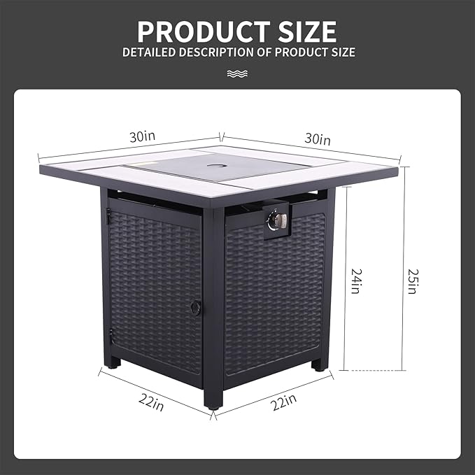 WAROOM Outdoor Propane Fire Pit for Outside, 30 Inch 50,000 BTU Steel Square Gas Firepit Table with Fire Glass and Furniture Cover, for Parties and Gatherings on Patio Garden Backyard Porch
