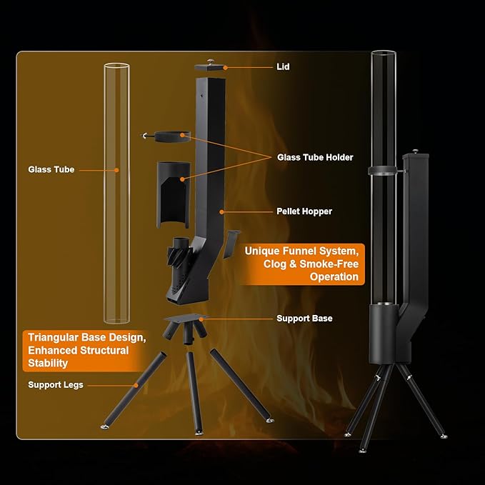 58 Inch Outdor Wood Pellet Patio Heater with Ash Tray, Pellet Fire Tube, Ideal for Camping, Campfire Party, Outdoor Dining, Patio, Backyard, Beach, Bring Happiness to Your Life