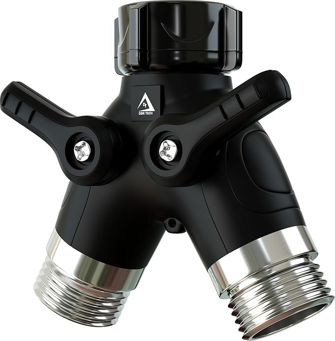 DBR Tech® Garden Hose Splitter 2 Way Heavy Duty | Faucet Adapter with Long Handle, Outdoor Water Spigot Hose Bib Y Wye Splitter, Dual Outlet Shut Off Valve Hose Connector, Leak Free