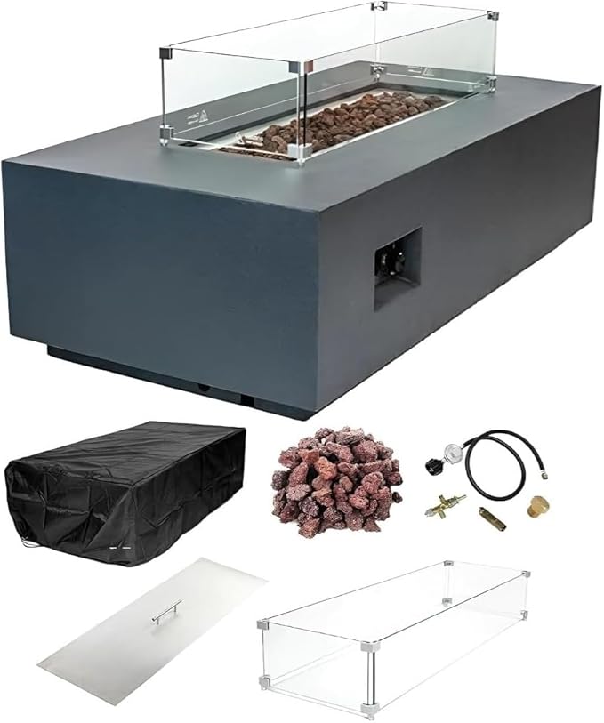 AMS Creations | Chelsea 55 inch Rectangular Wavy Dark Gray Concrete GFRC Natural Gas Fire Table Pit