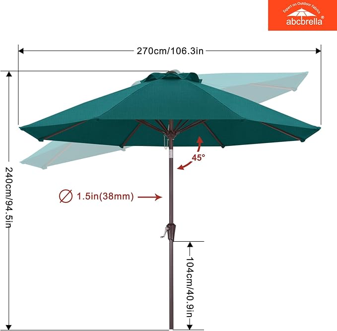 ABCCANOPY OLEFIN® 5-Year No Fading 9FT Patio Umbrella, Outdoor Table Umbrella with 8 Sturdy Ribs for Deck, Backyard, Yard (Turquoise)