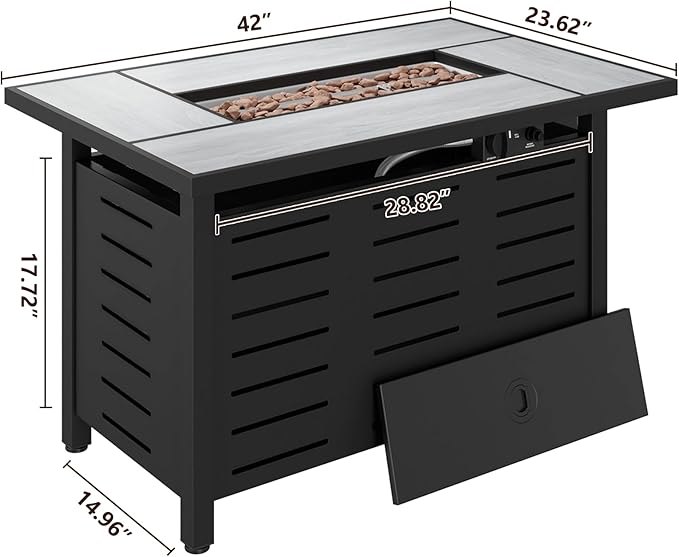 42" Outdoor Propane Fire Pit Table Ceramic Top & Lava Rocks,60000 BTU Rectangle Patio Heater Waterproof Lid Gas Fire Pits for Outside Patio Black