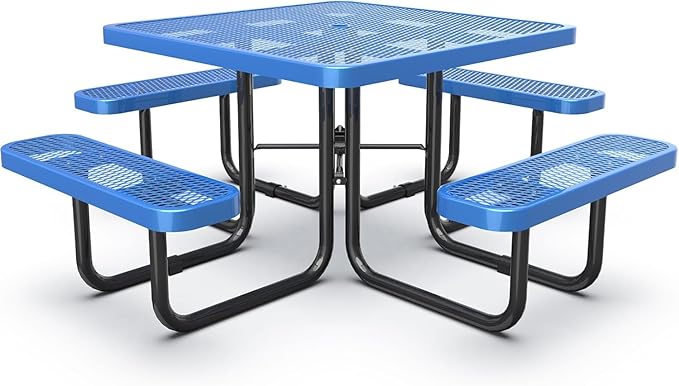 dafrigic 46" Square All Weather Resistant Commercial Picnic Table for Outdoors, Heavy Duty Picnic Table up to 4600 lbs with Umbrella Hole for School, Warehouse, Coffee Shop, Blue