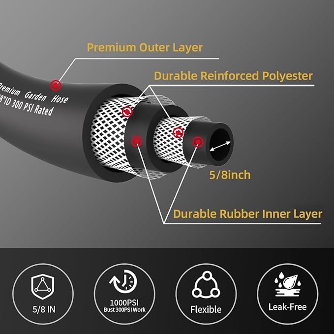 WiseFlow Garden Hose 90FT x 5/8", Heavy Duty Rubber Hose, Water Hose with Five Layered Braiding, Male Female Fittings, 1000PSI Burst, 300PSI Working (Black)