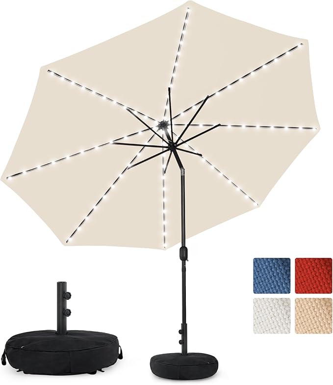 Sundale Outdoor Olefin 5-Year-Non-Fading Solar 88 LED 10FT Solar Patio Umbrella with Sand Bag Base, Outdoor Umbrella with Tilt and Crank, Beige